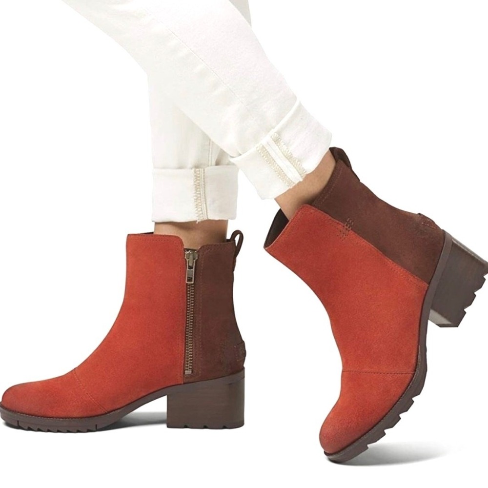 Sorel‎ Cate Ankle Boots Womens 6 Orange Brown Suede Side Zip Block Heel